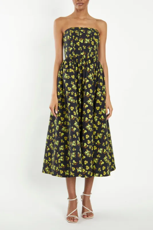 Henrietta Navy-Yellow-Ditsy-Floral Strapless Corset Midi-Dress made by True Decadence