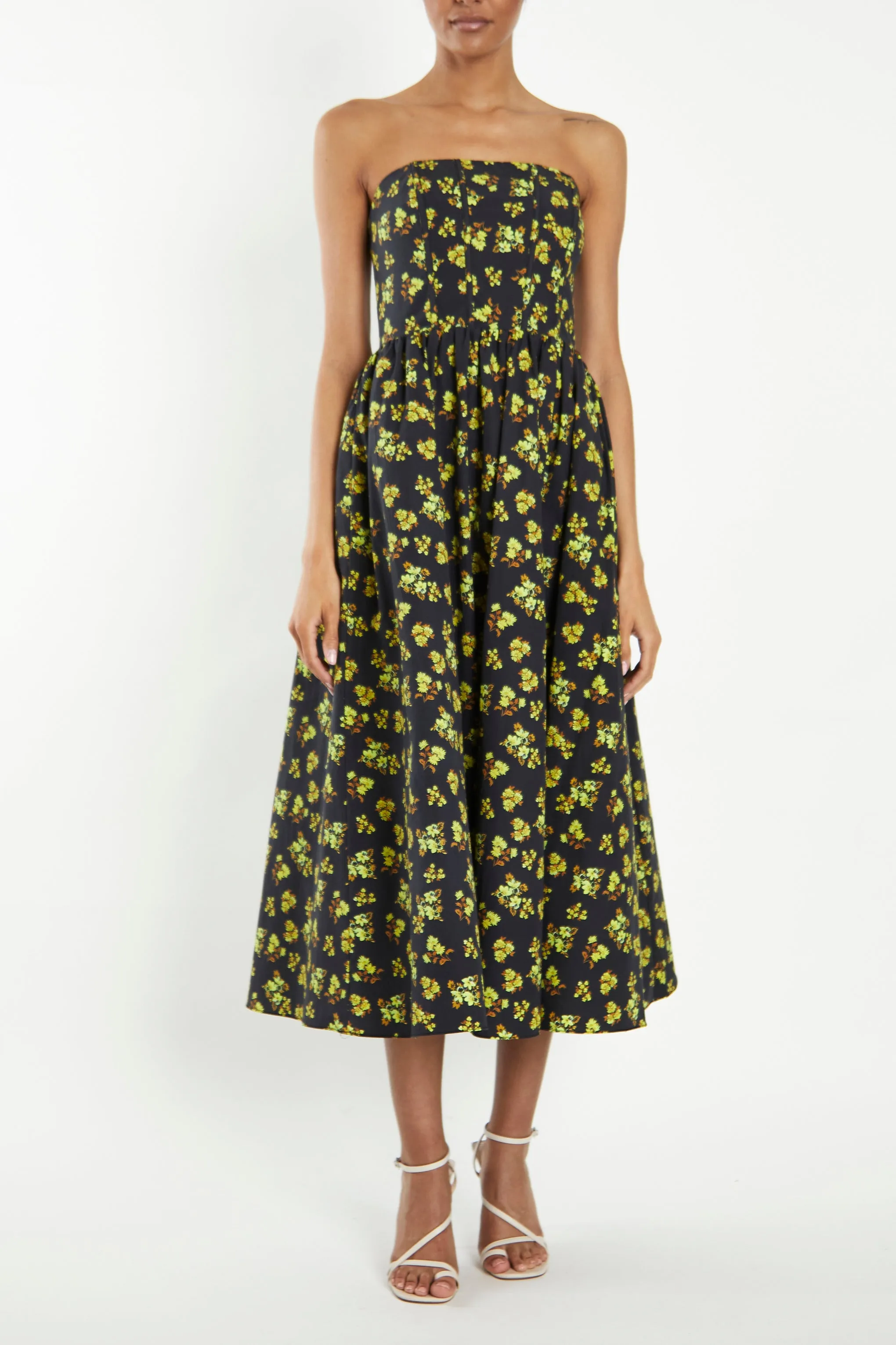 Henrietta Navy-Yellow-Ditsy-Floral Strapless Corset Midi-Dress sold by True Decadence
