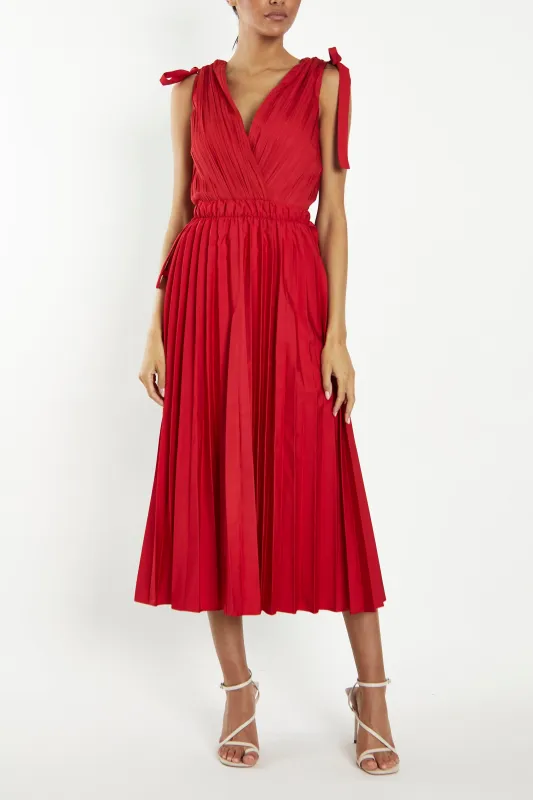 Gwyneth Cherry Red Pleated V-Neck Midi-Dress sold by True Decadence