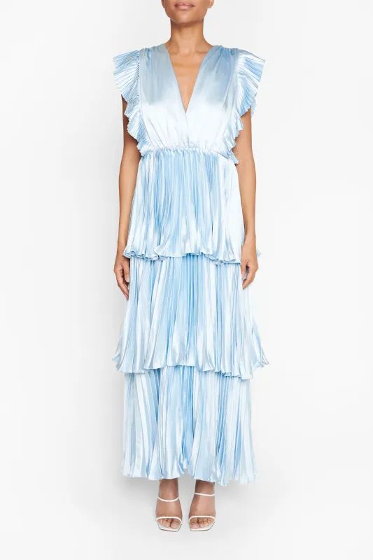Beatrice Blue Satin Pleated Tiered Dress made by True Decadence