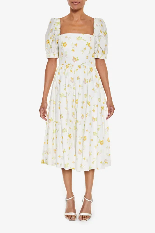 Stella Cream-Yellow-Floral Open Cross-Back Puff-Sleeve Midi-Dress sold by True Decadence