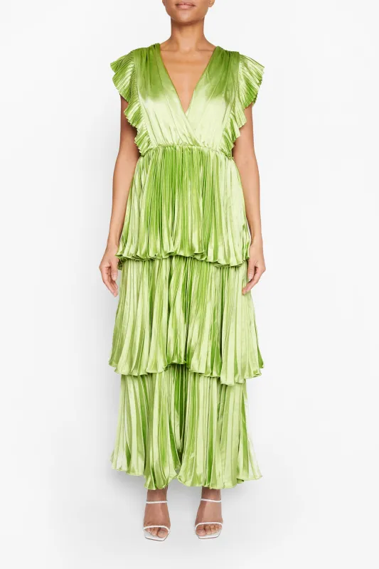 Lime Green Satin Pleated Tiered Midaxi Dress made by True Decadence