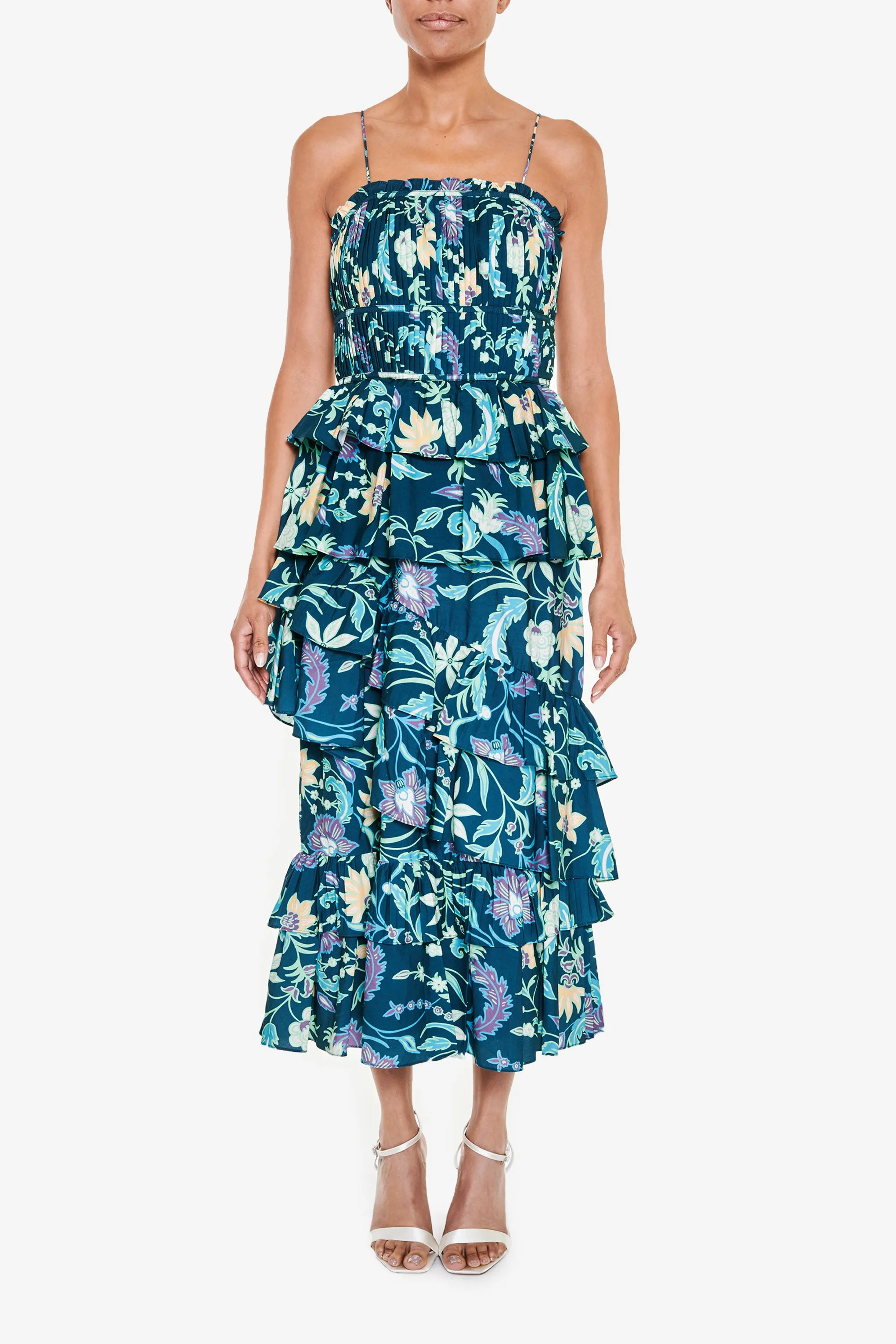 Petrol Blue Folk Floral Midi Dress sold by True Decadence