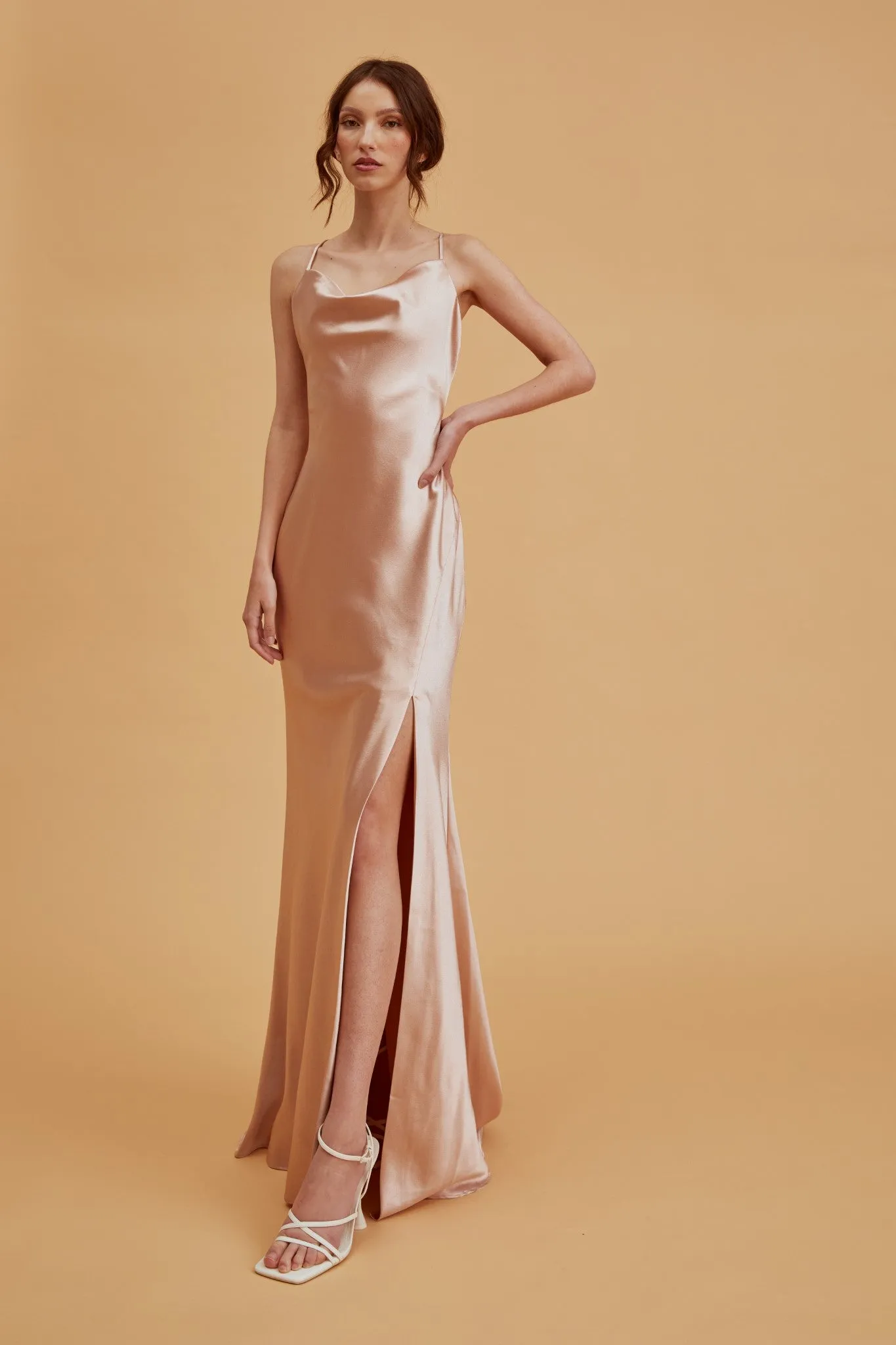 Pippa Champagne Satin Bridesmaid Cowl-Neck Slip Dress sold by True Decadence product image thumbnail 3