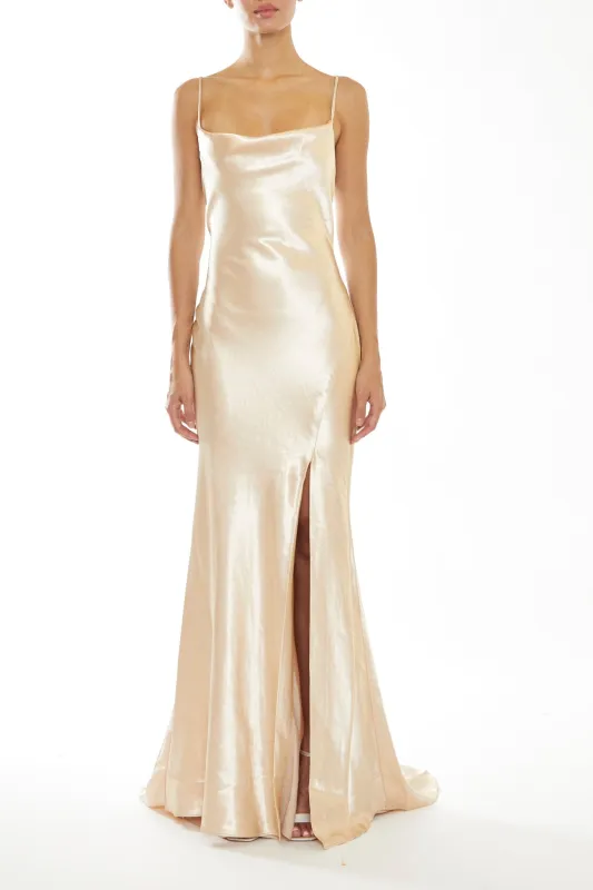 Pippa Champagne Satin Bridesmaid Cowl-Neck Slip Dress sold by True Decadence