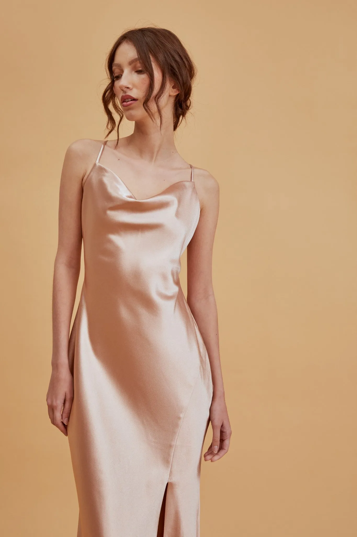 Pippa Champagne Satin Bridesmaid Cowl-Neck Slip Dress sold by True Decadence product image thumbnail 5