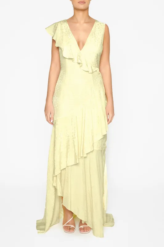 Abigail Pale-Yellow Ruffle Maxi-Dress sold by True Decadence