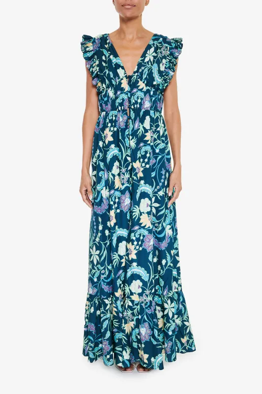 Petrol Blue Folk Floral Maxi Dress made by True Decadence
