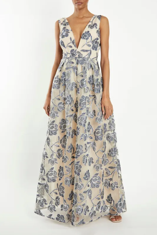 Louise Steel Blue Embroidery Plunging Back Maxi-Dress sold by True Decadence