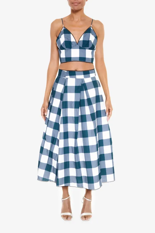 Petrol Blue Check High Waisted Midi Skirt made by True Decadence