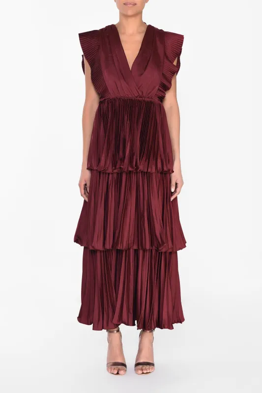 Beatrice Burgundy Satin Pleated Tiered Dress made by True Decadence