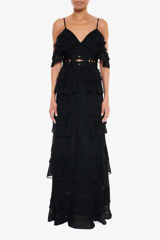 Olivia Black Cold-Shoulder Tiered Ruffle Maxi-Dress sold by True Decadence