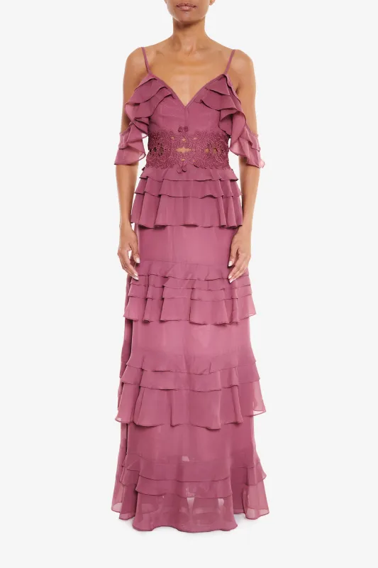 Olivia Wood-Rose Cold-Shoulder Tiered Ruffle Maxi-Dress made by True Decadence
