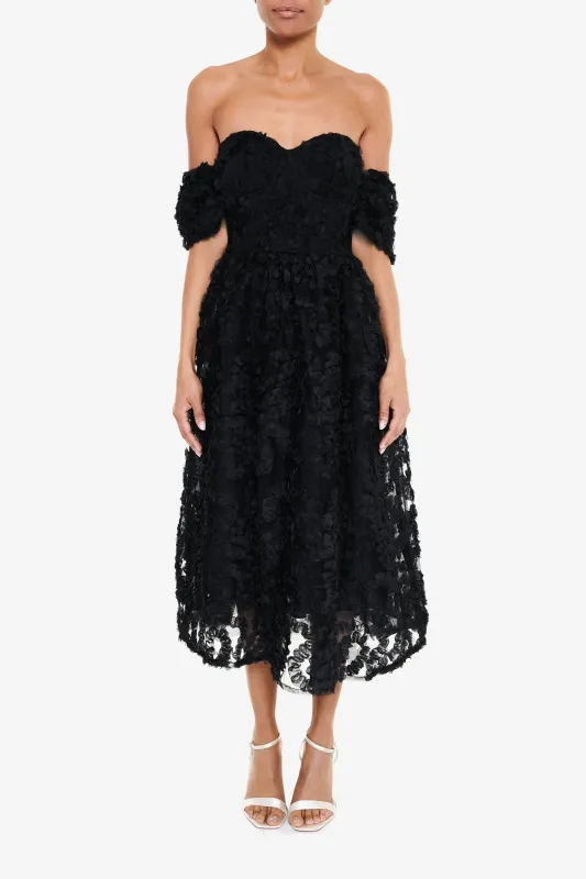 Amelia Black 3D Floral Midaxi Skater Dress – Elegant Occasionwear sold by True Decadence