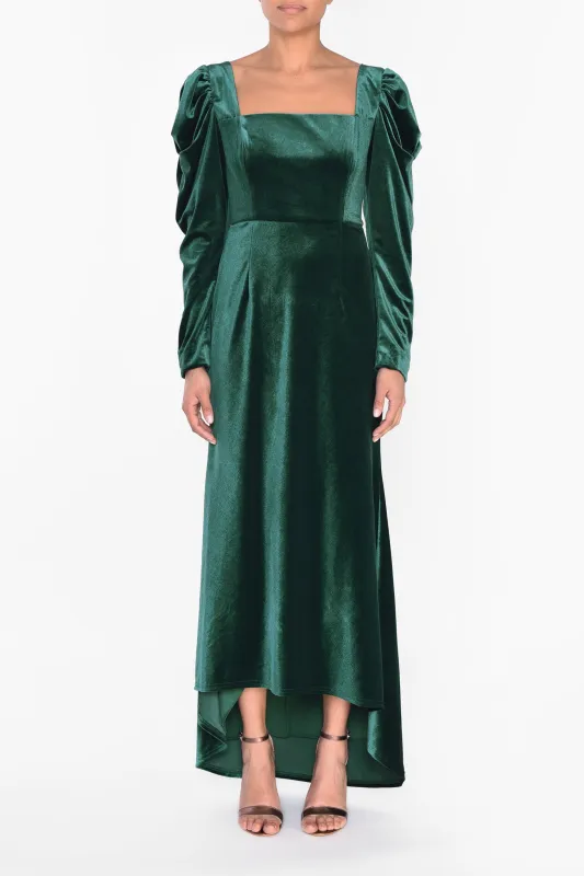 Emerald Green Velvet Maxi Dress with Extravagant Shoulders sold by True Decadence