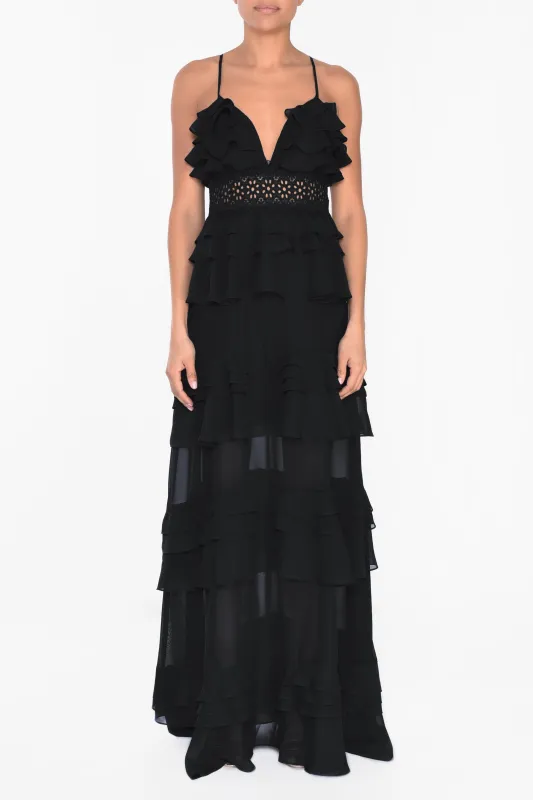 Sophia Black Plunge Front Tiered Ruffle Maxi-Dress sold by True Decadence