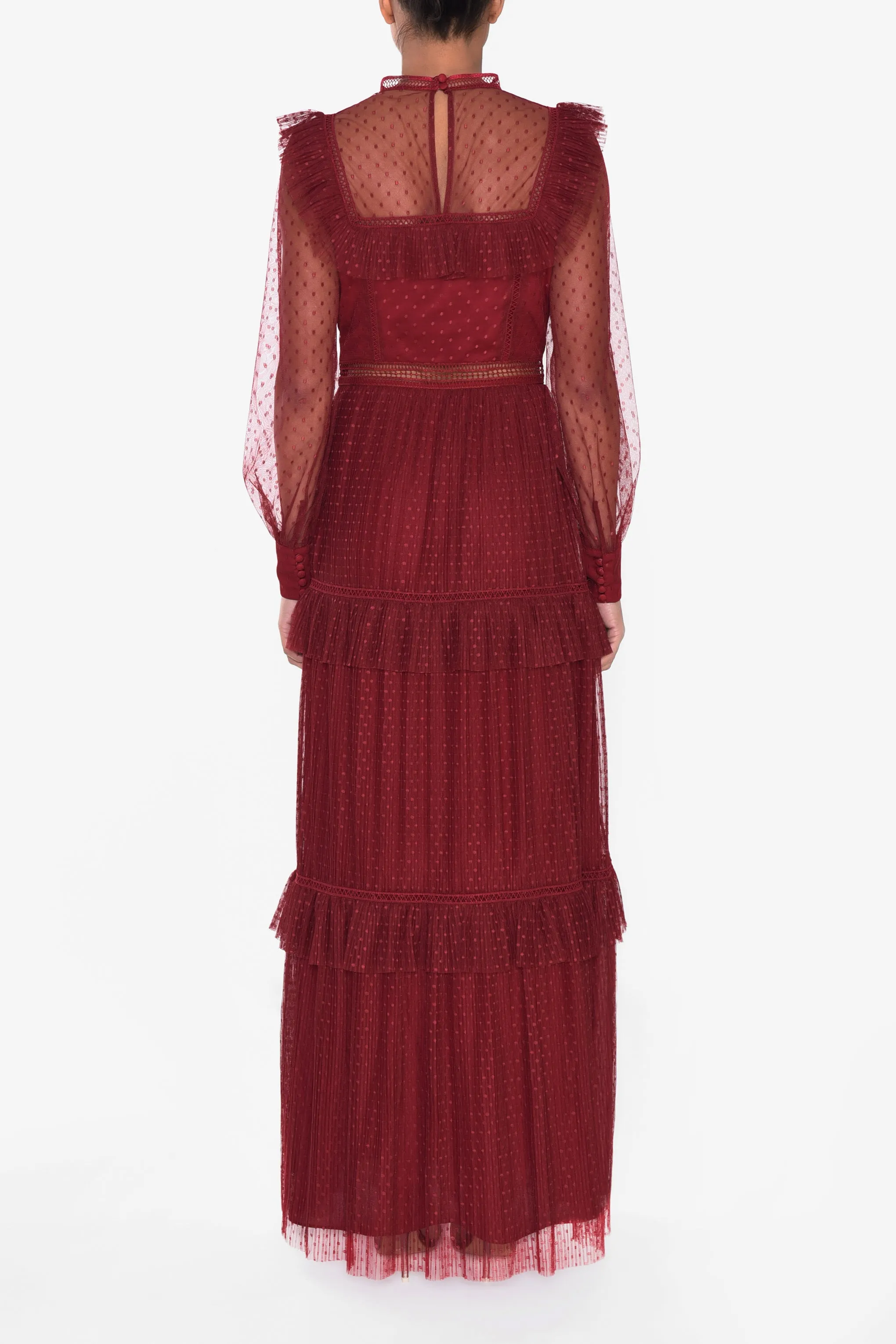 Burgundy Polka Dot Mesh High Neck Long Sleeve Layered Maxi Dress sold by True Decadence product image thumbnail 2