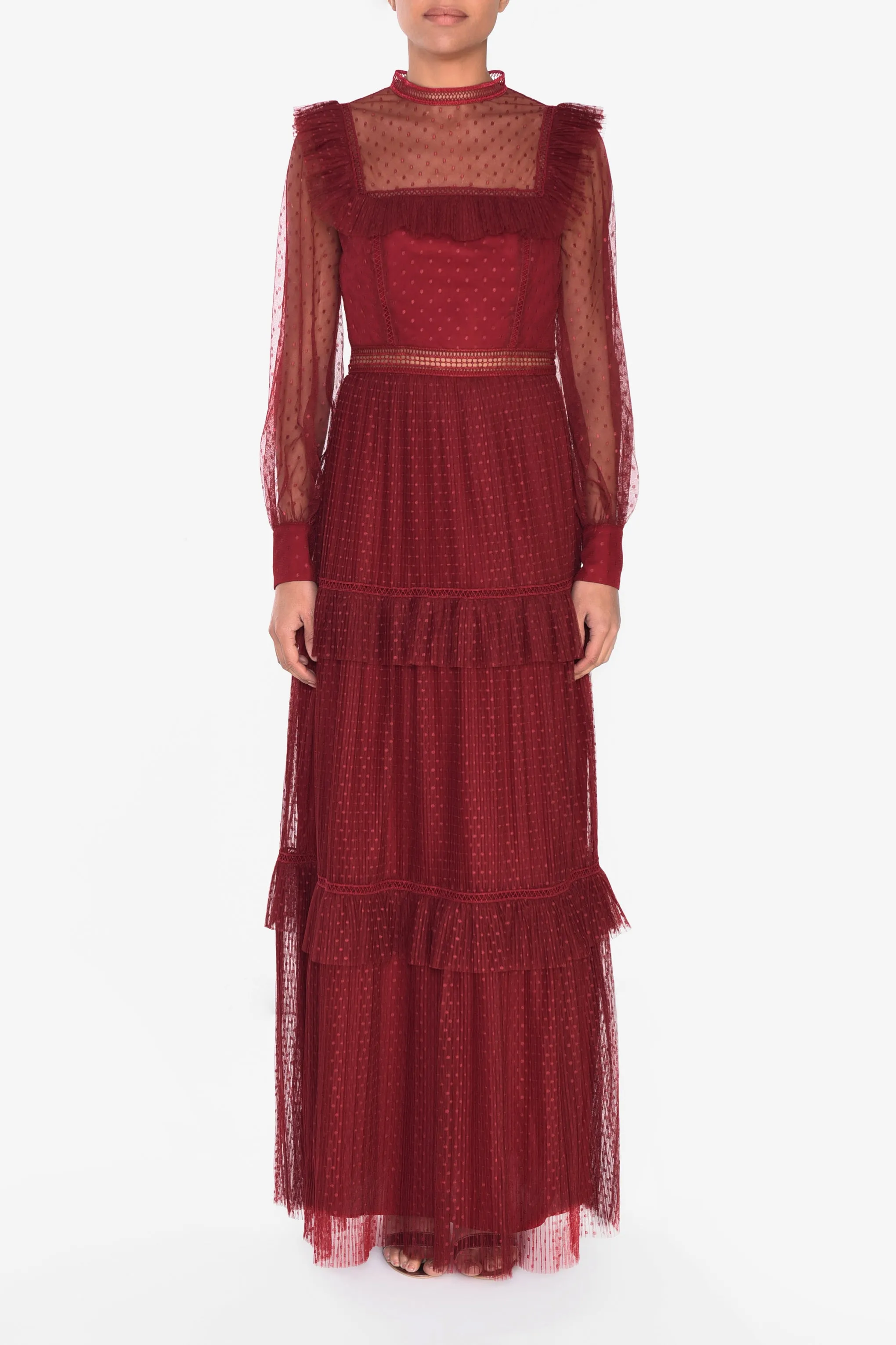 Burgundy Polka Dot Mesh High Neck Long Sleeve Layered Maxi Dress sold by True Decadence