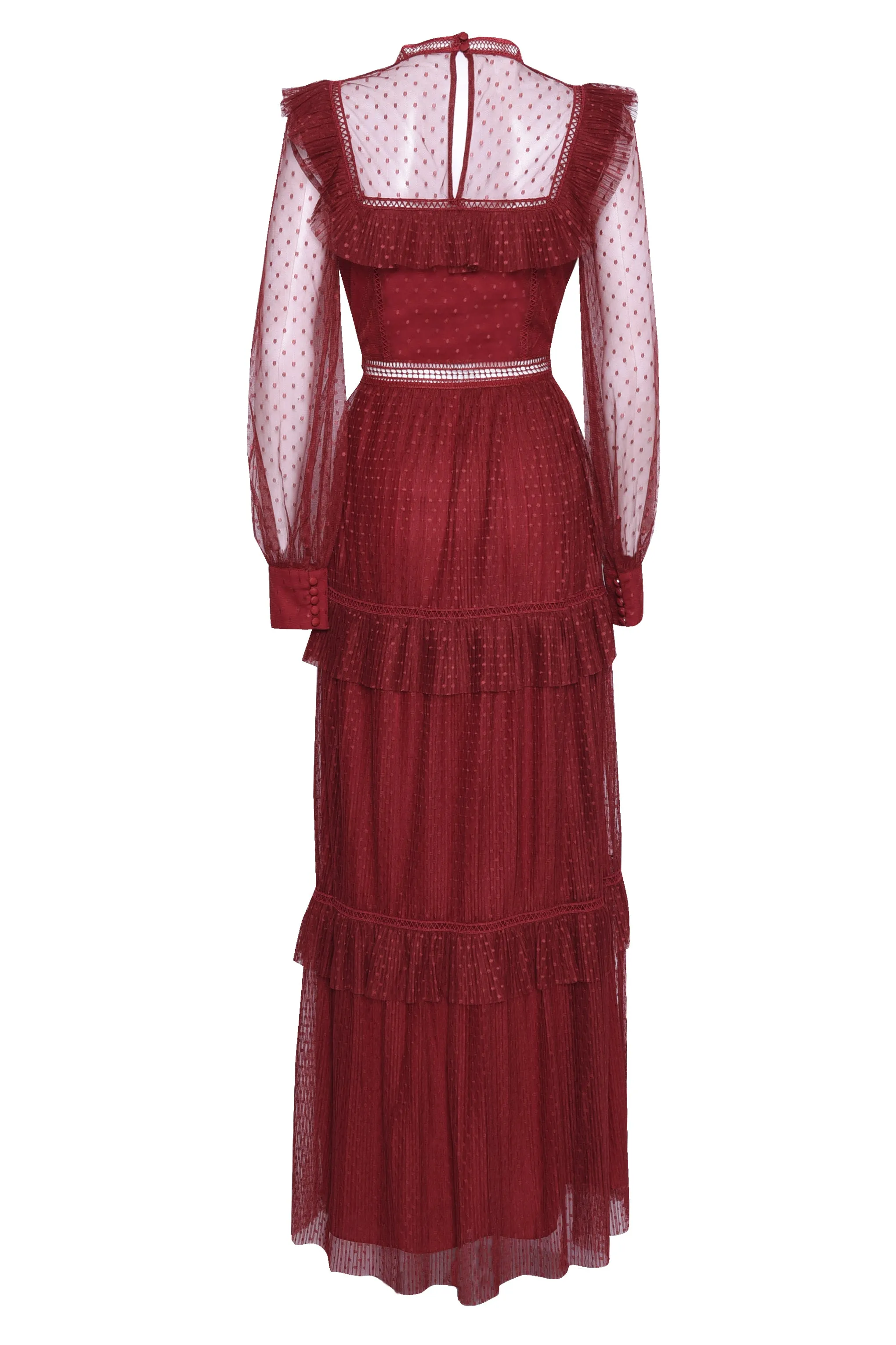 Burgundy Polka Dot Mesh High Neck Long Sleeve Layered Maxi Dress sold by True Decadence product image thumbnail 5