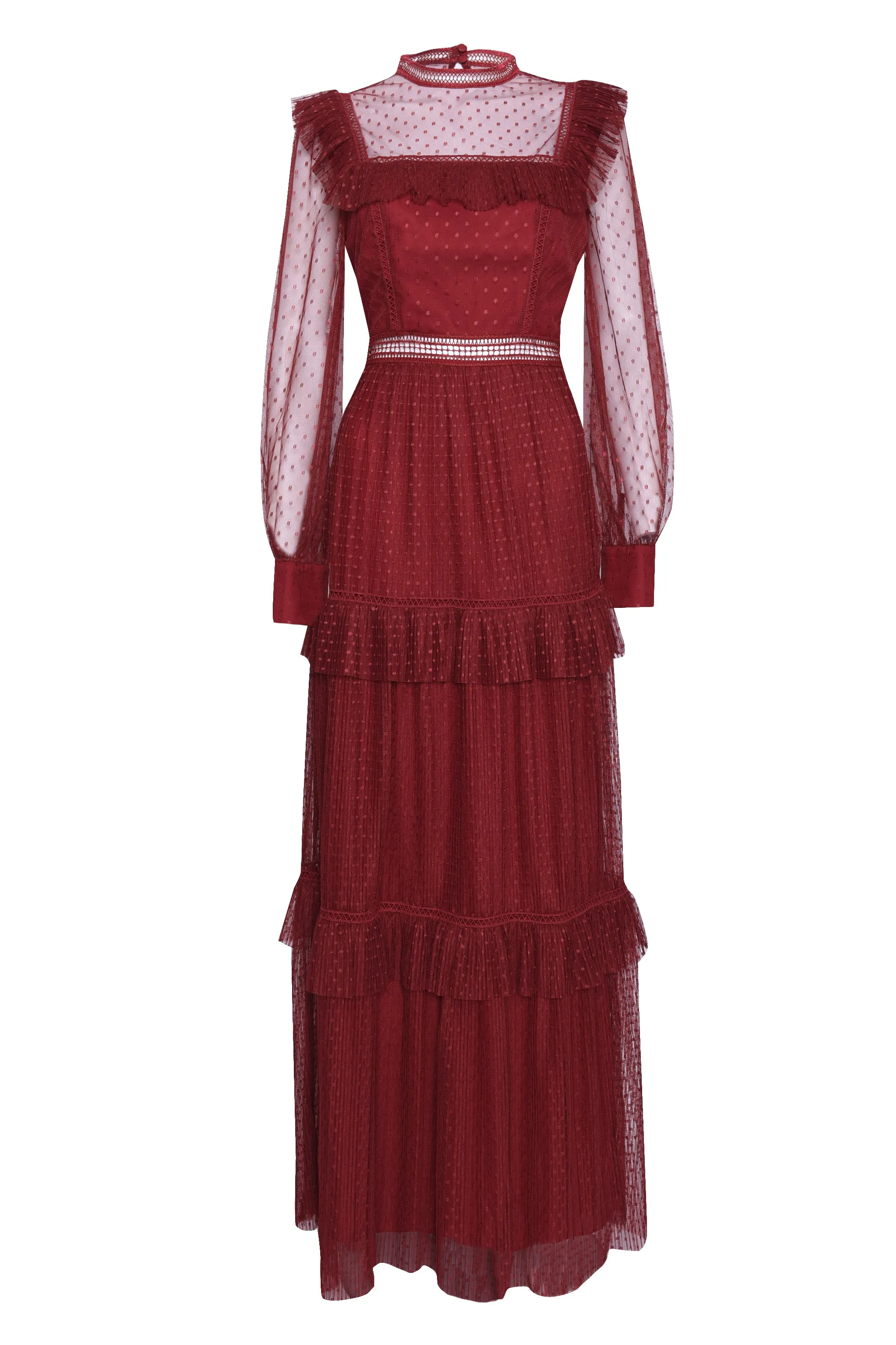 Burgundy Polka Dot Mesh High Neck Long Sleeve Layered Maxi Dress sold by True Decadence product image thumbnail 3