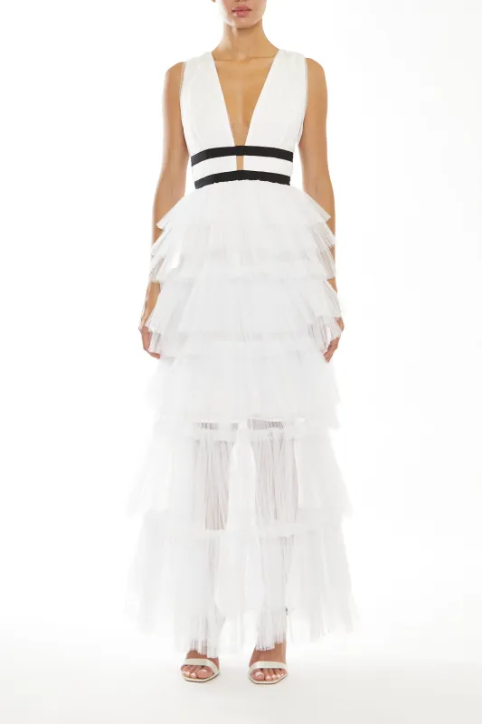 Eliza White Plunging Neck Layered Tulle Skirt Maxi-Dress sold by True Decadence