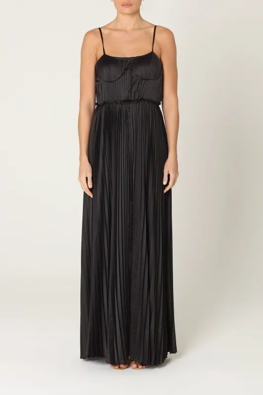 Black Satin Pleated Maxi Dress sold by True Decadence