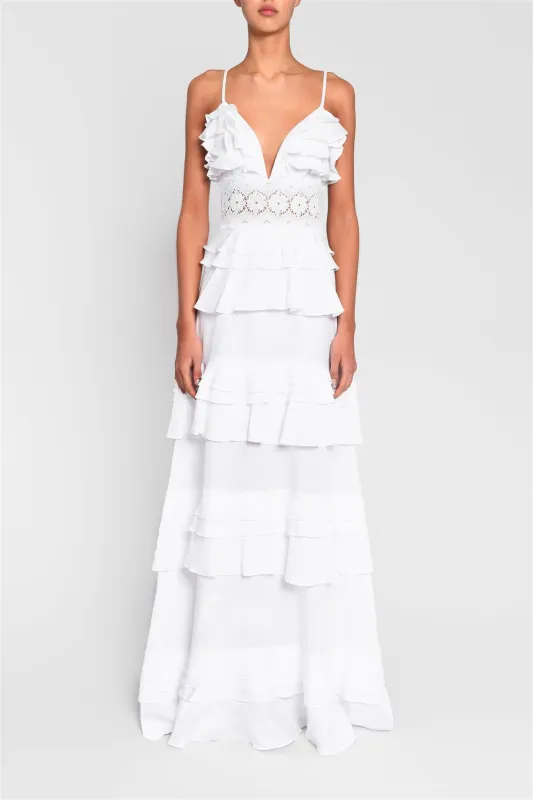 Sophia White Plunge Front Tiered Ruffle Maxi-Dress sold by True Decadence