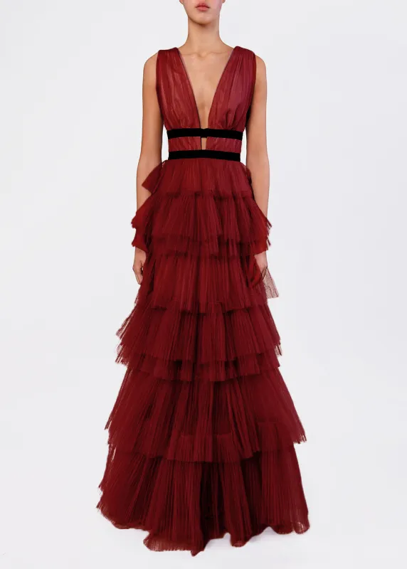 Eliza Burgundy Plunging Neck Layered Tulle Skirt Maxi-Dress made by True Decadence
