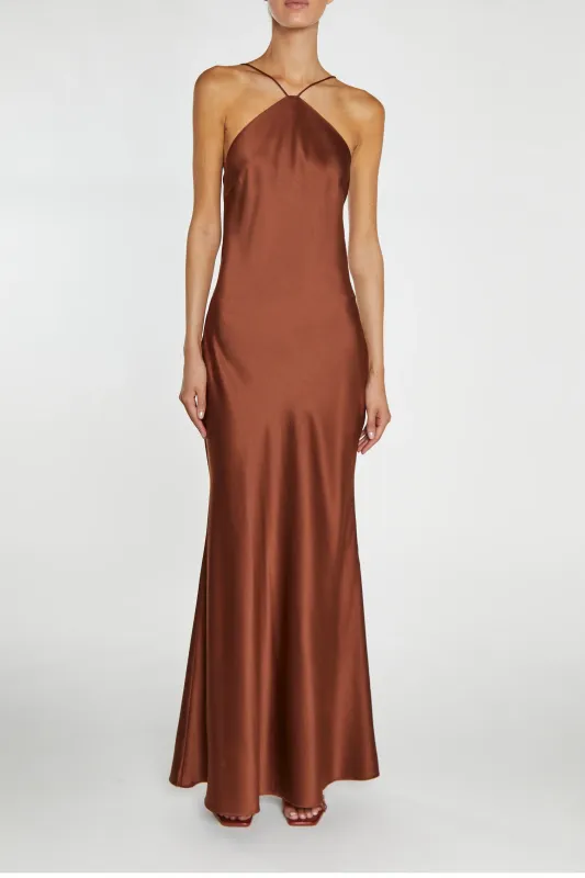 Hailey Chocolate-Brown Halterneck Cross-Back Maxi Dress sold by True Decadence