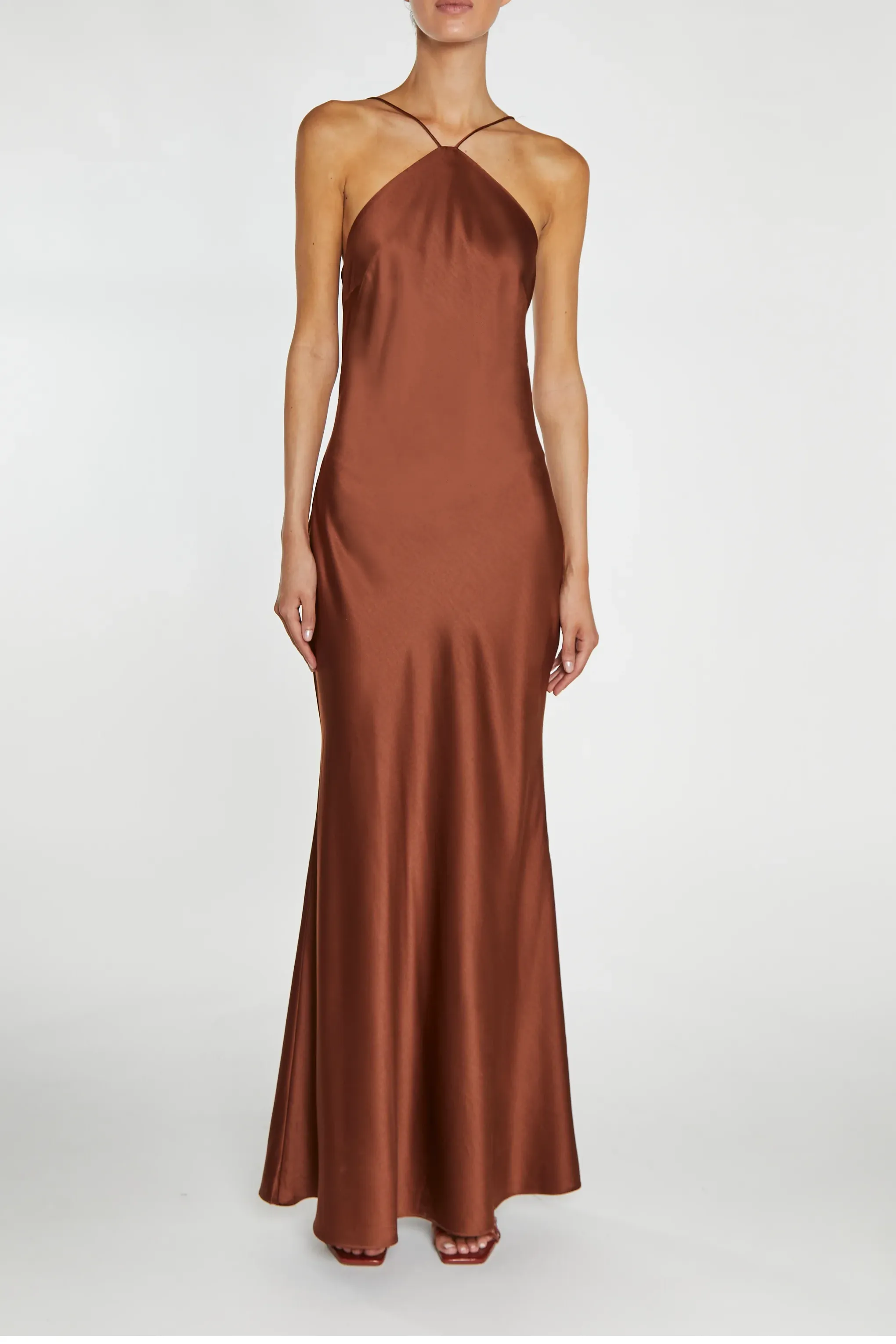 Hailey Chocolate-Brown Halterneck Cross-Back Maxi Dress sold by True Decadence