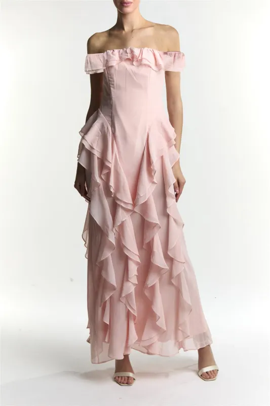 Ari Pale Pink Bardot Ruffle Maxi Dress made by True Decadence