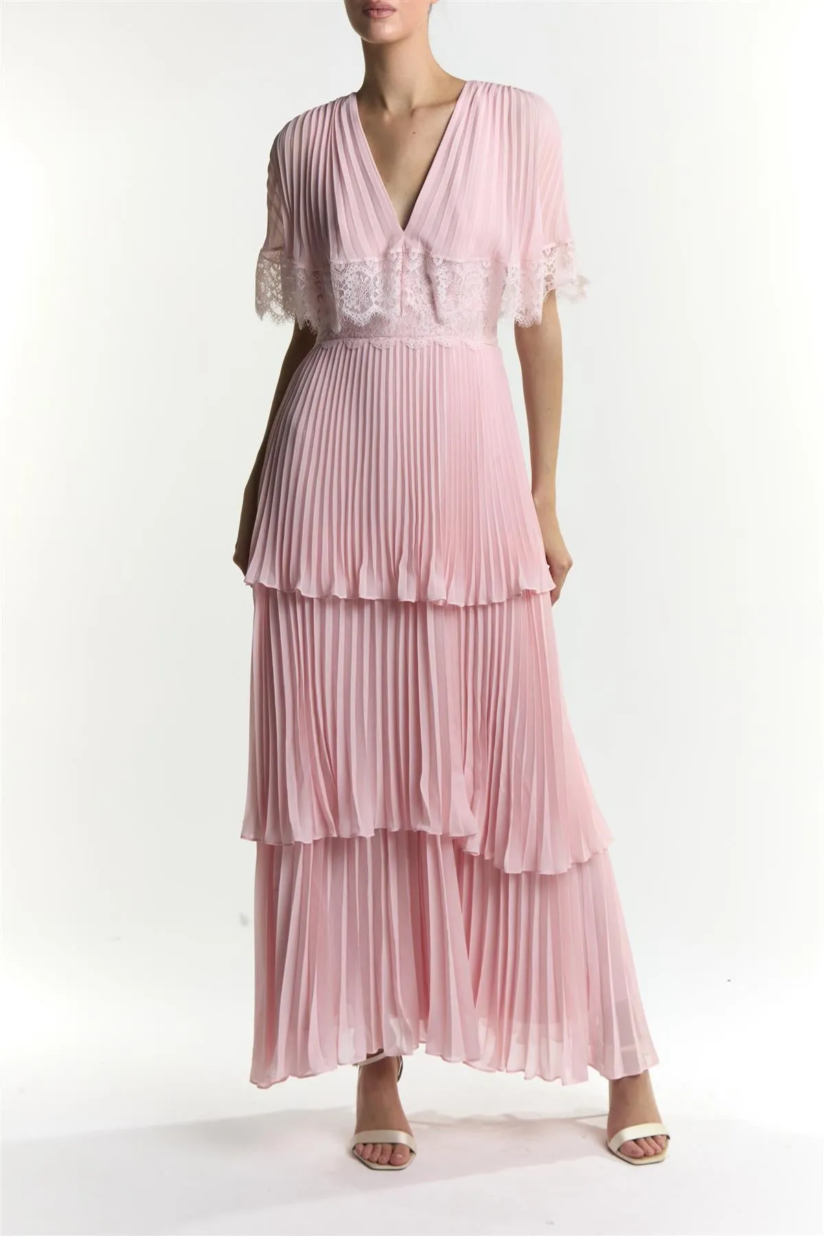 Julie Dusty Pink Pleated Lace Maxi Dress sold by True Decadence