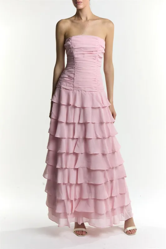 Zora Dusty Pink Bandeau Ruffle Maxi Dress made by True Decadence