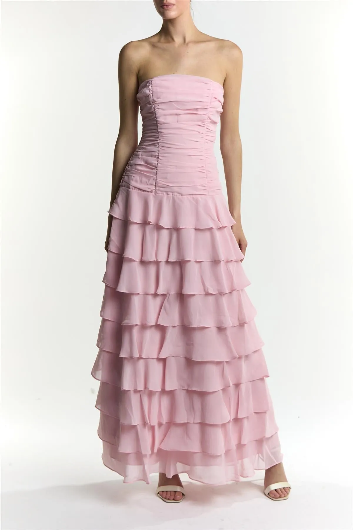 Zora Dusty Pink Bandeau Ruffle Maxi Dress sold by True Decadence