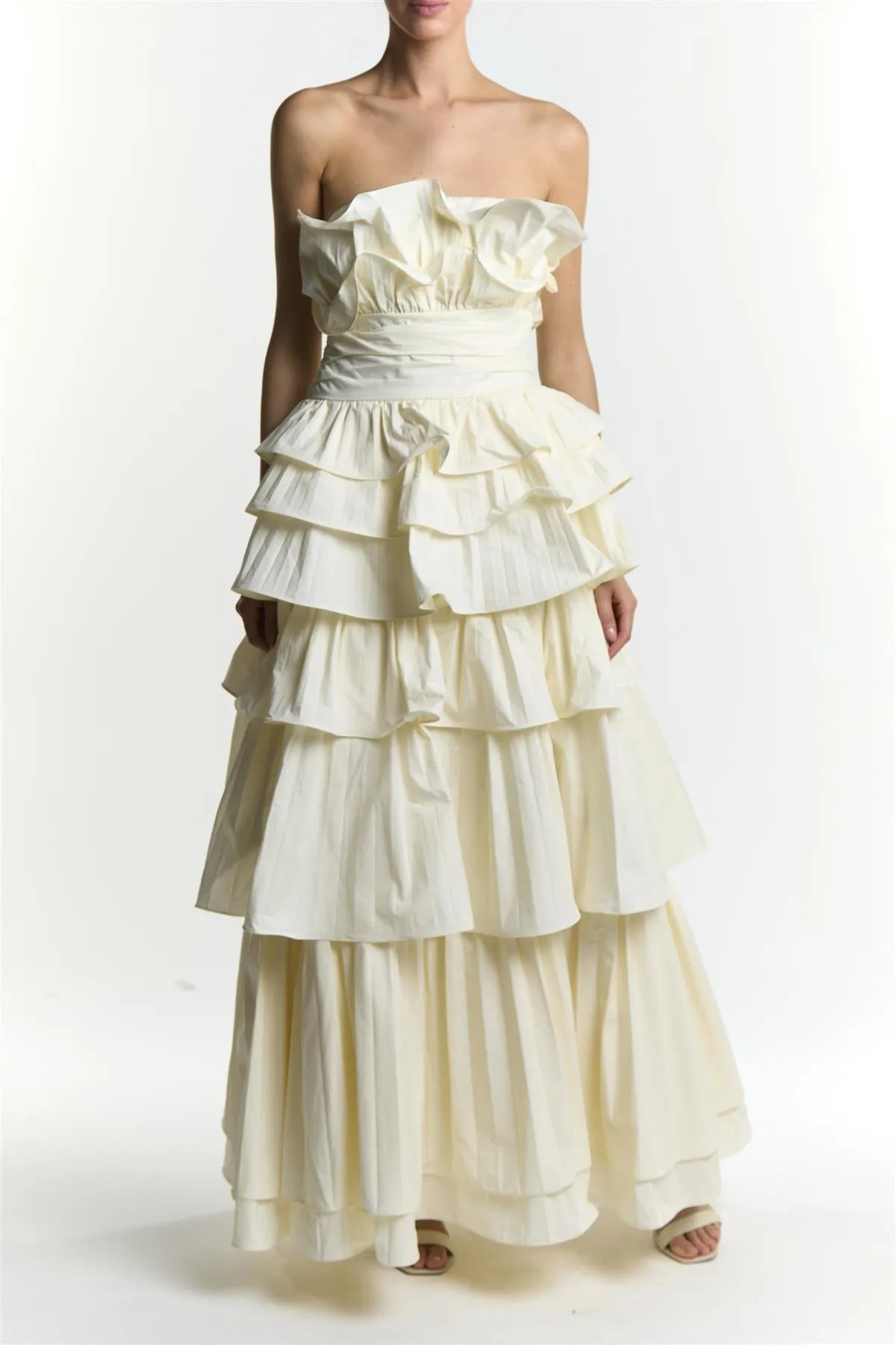 Lia Cream Ruffle Bandeau Maxi Dress sold by True Decadence