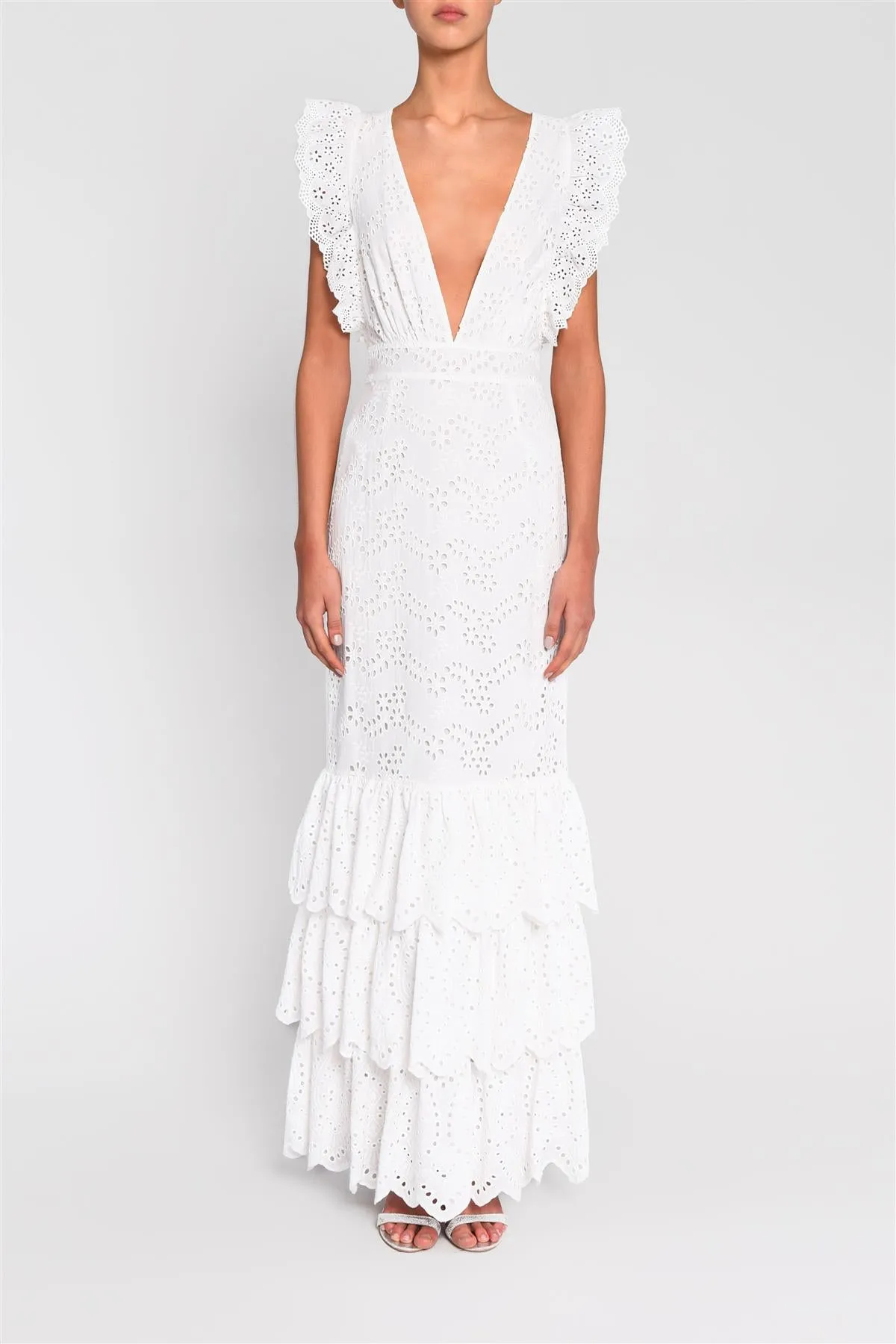 Ariya White Tiered Ruffle Maxi Dress sold by True Decadence