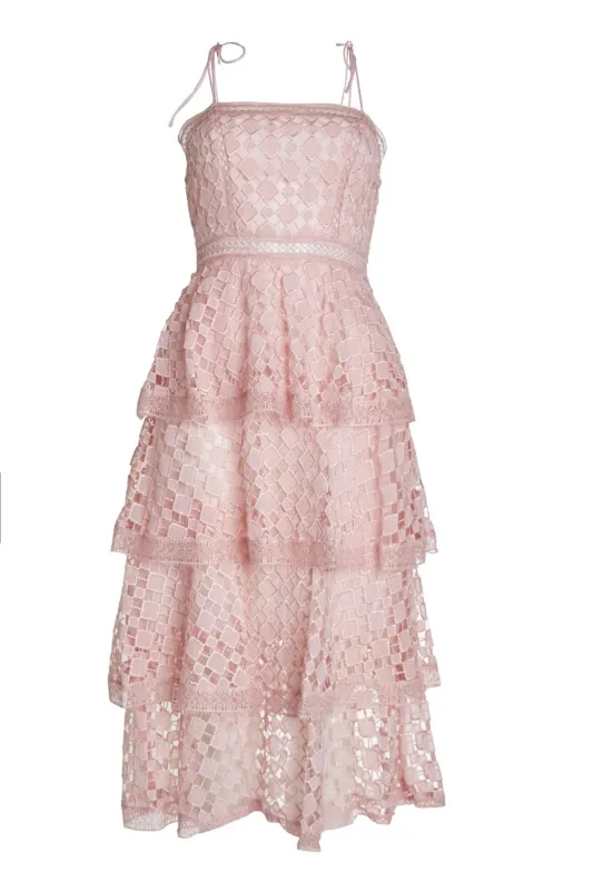 Bella Pink Organza Cutwork Strappy Tiered Midi Dress made by True Decadence
