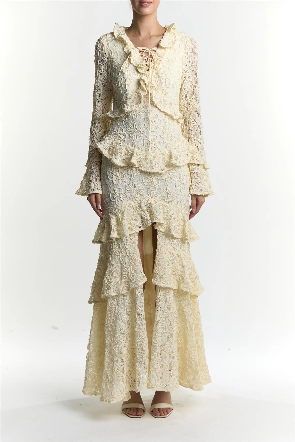 Abby Cream Ruffle Lace Up Maxi Dress sold by True Decadence