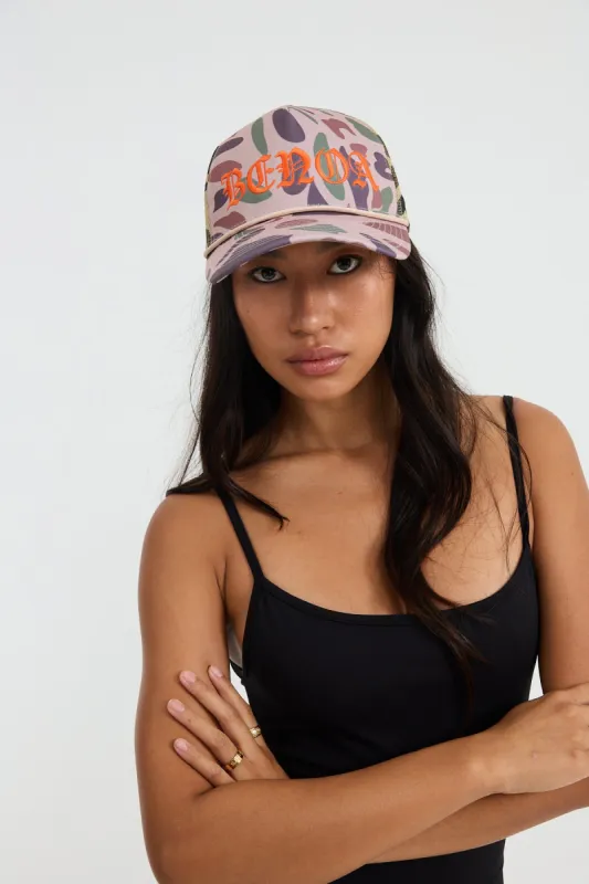 Embroidered Trucker Hat - Spotted Camo w/ Orange sold by Benoa Swim