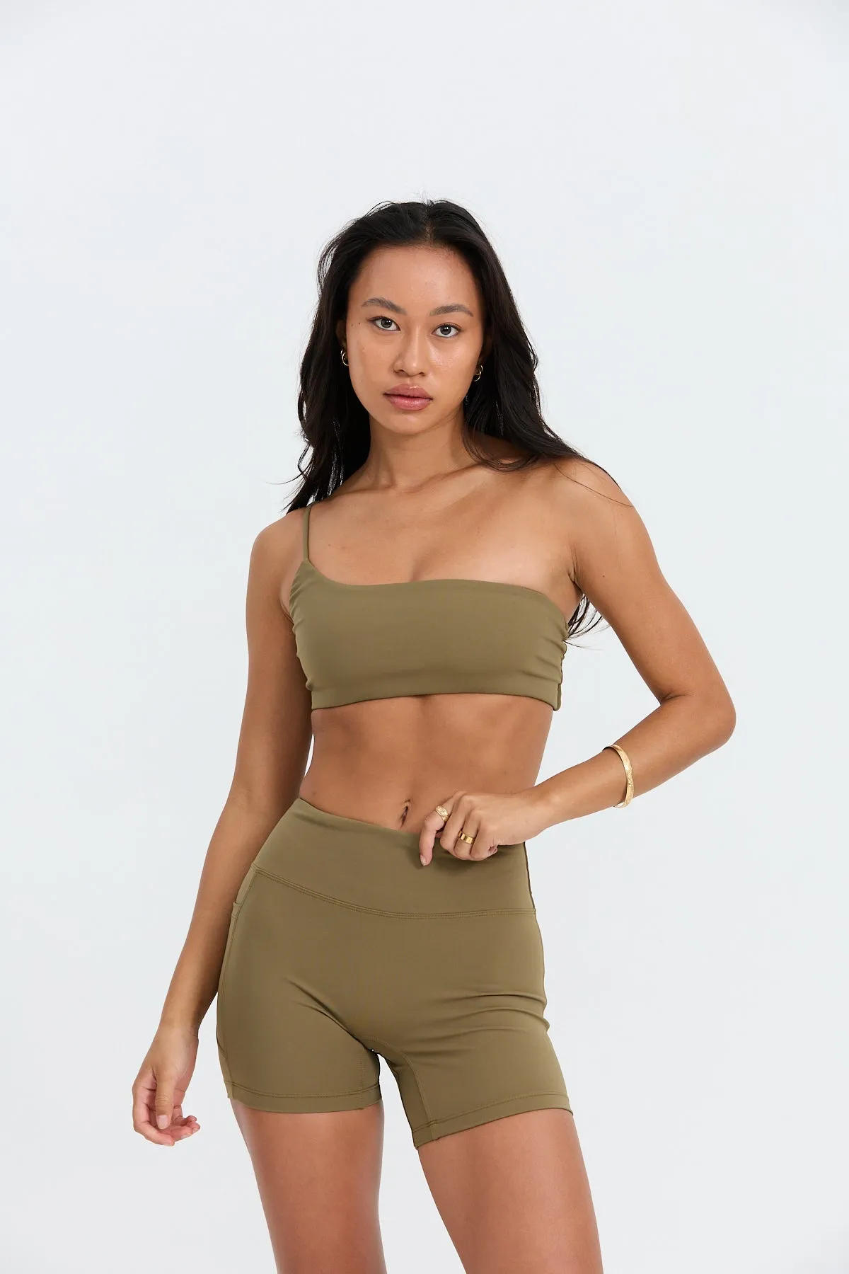 One Shoulder Sports Bra - Khaki sold by Benoa Swim
