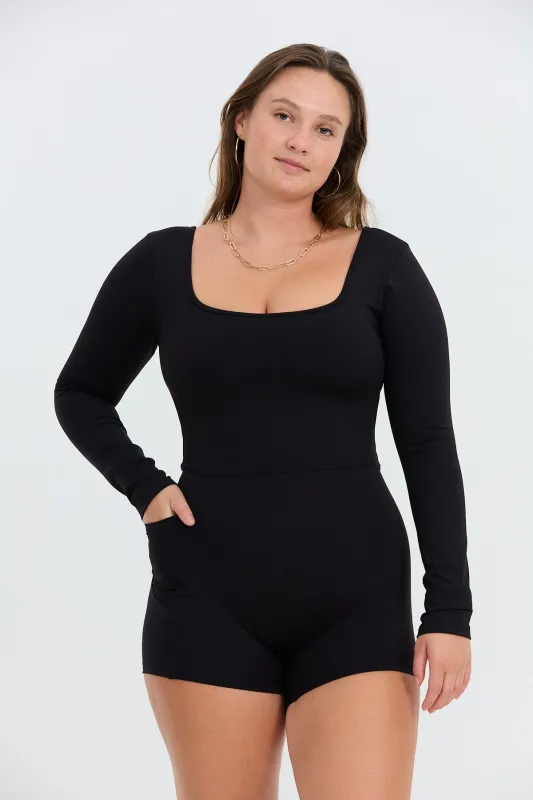 Long Sleeve Active Romper - Black sold by Benoa Swim