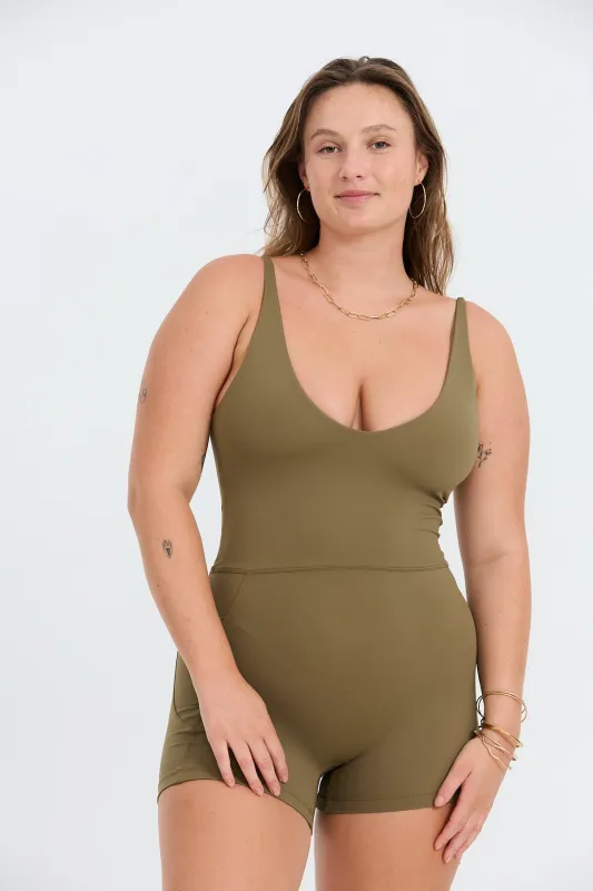 V-Neck Active Romper - Khaki sold by Benoa Swim