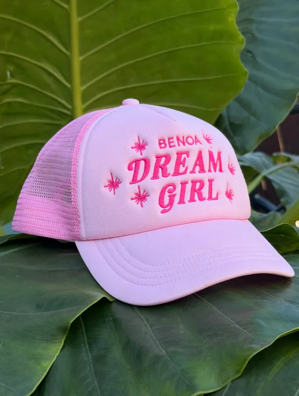 "Dream Girl" Embroidered Trucker Hat -Pink w/ pink sold by Benoa Swim