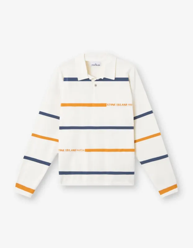 Stone Island Marina Ivory White Stripe LS Polo Shirt sold by Zoo Fashions