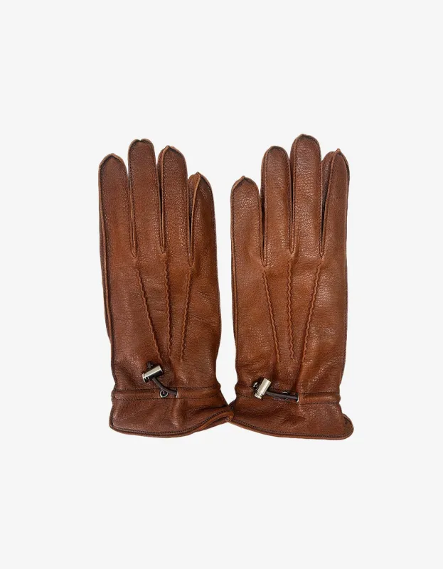 Prada Brown Lined Leather Gloves With Elastic Toggle Fastening made by Prada
