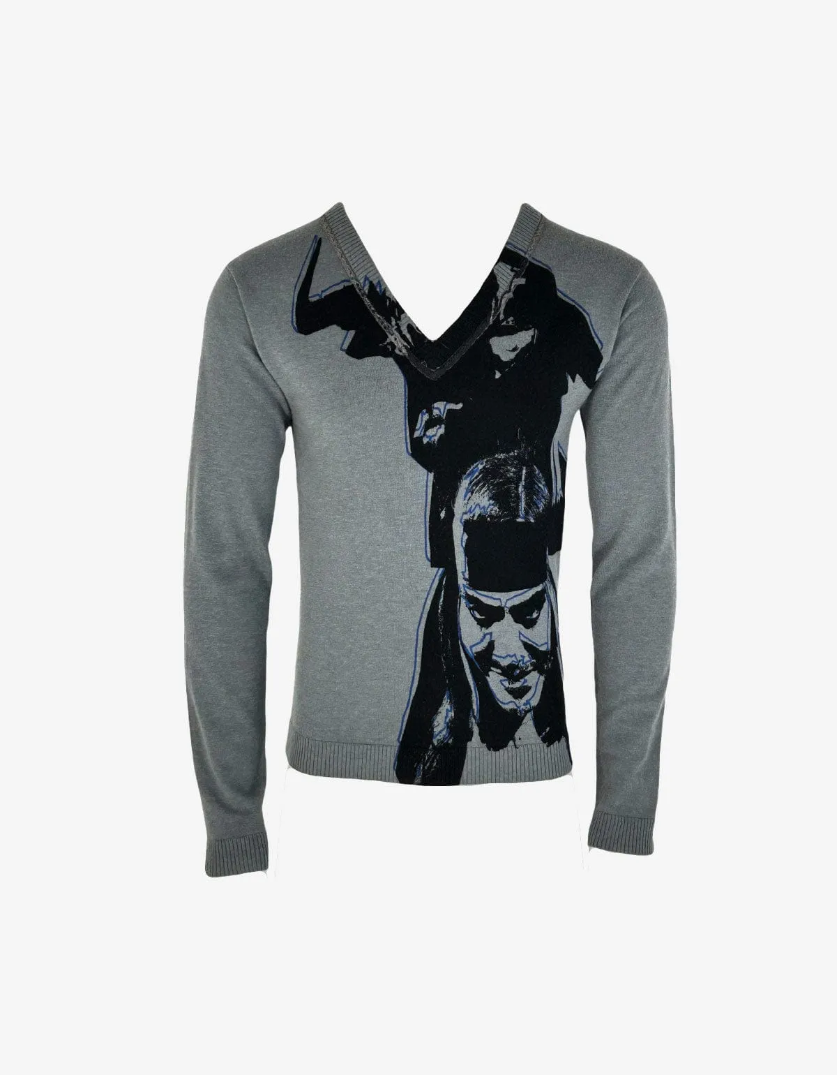 John Galliano Grey Cashmere & Wool V-Neck Graphic Knit — Circa 2005–2010 Archive sold by Zoo Fashions