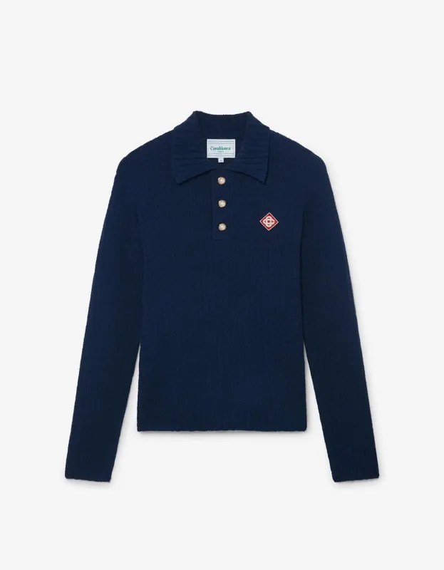 Casablanca Navy LS Boucle Polo Shirt sold by Zoo Fashions