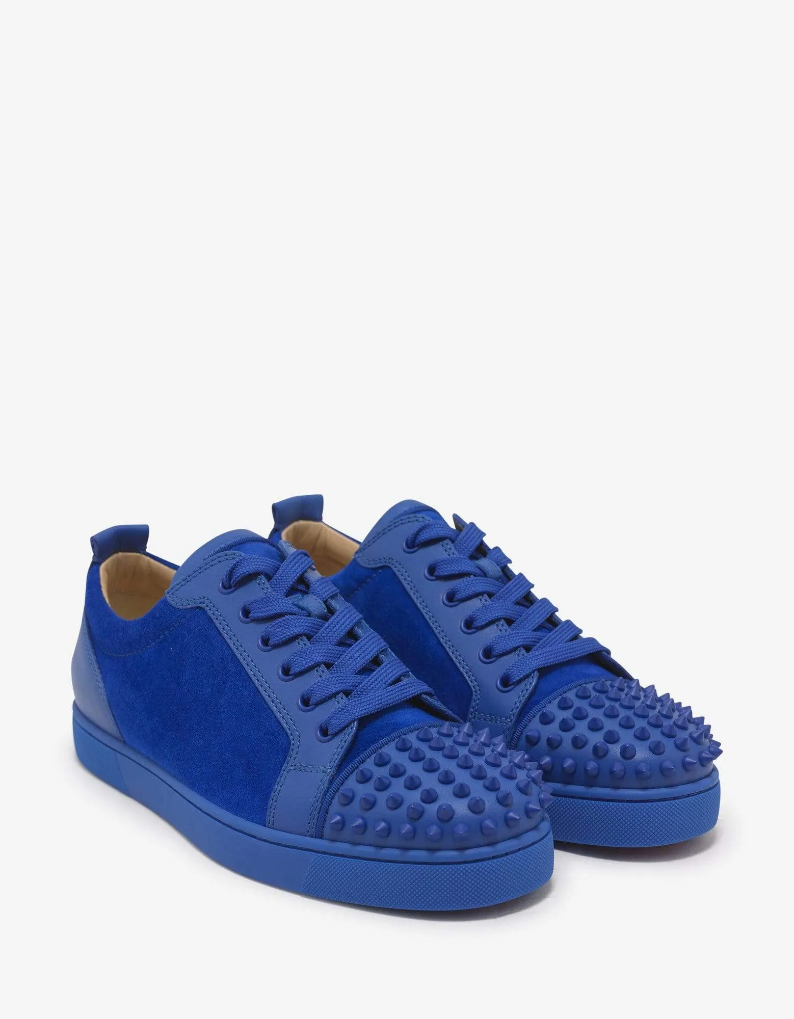 Christian Louboutin Louis Junior Spikes Flat Blue Calf & Suede Trainers - sold by Zoo Fashions