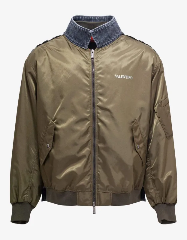 Valentino Khaki Nylon & Denim Bomber Jacket sold by Zoo Fashions