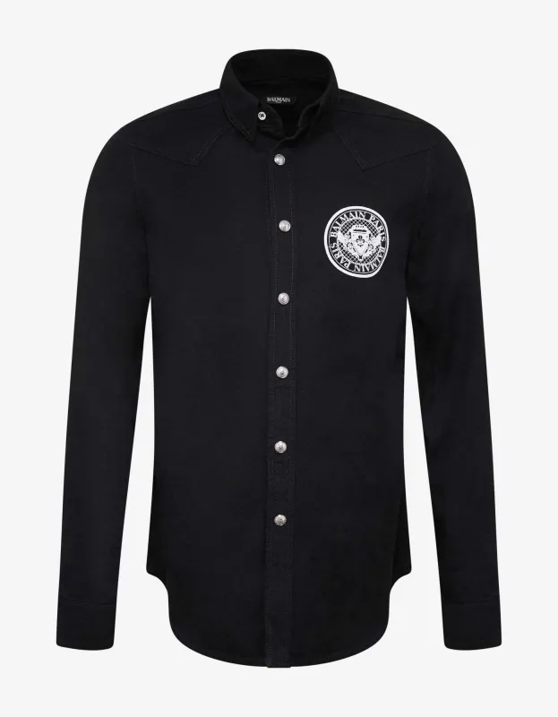 Balmain Black Logo Medallion Denim Shirt sold by Zoo Fashions